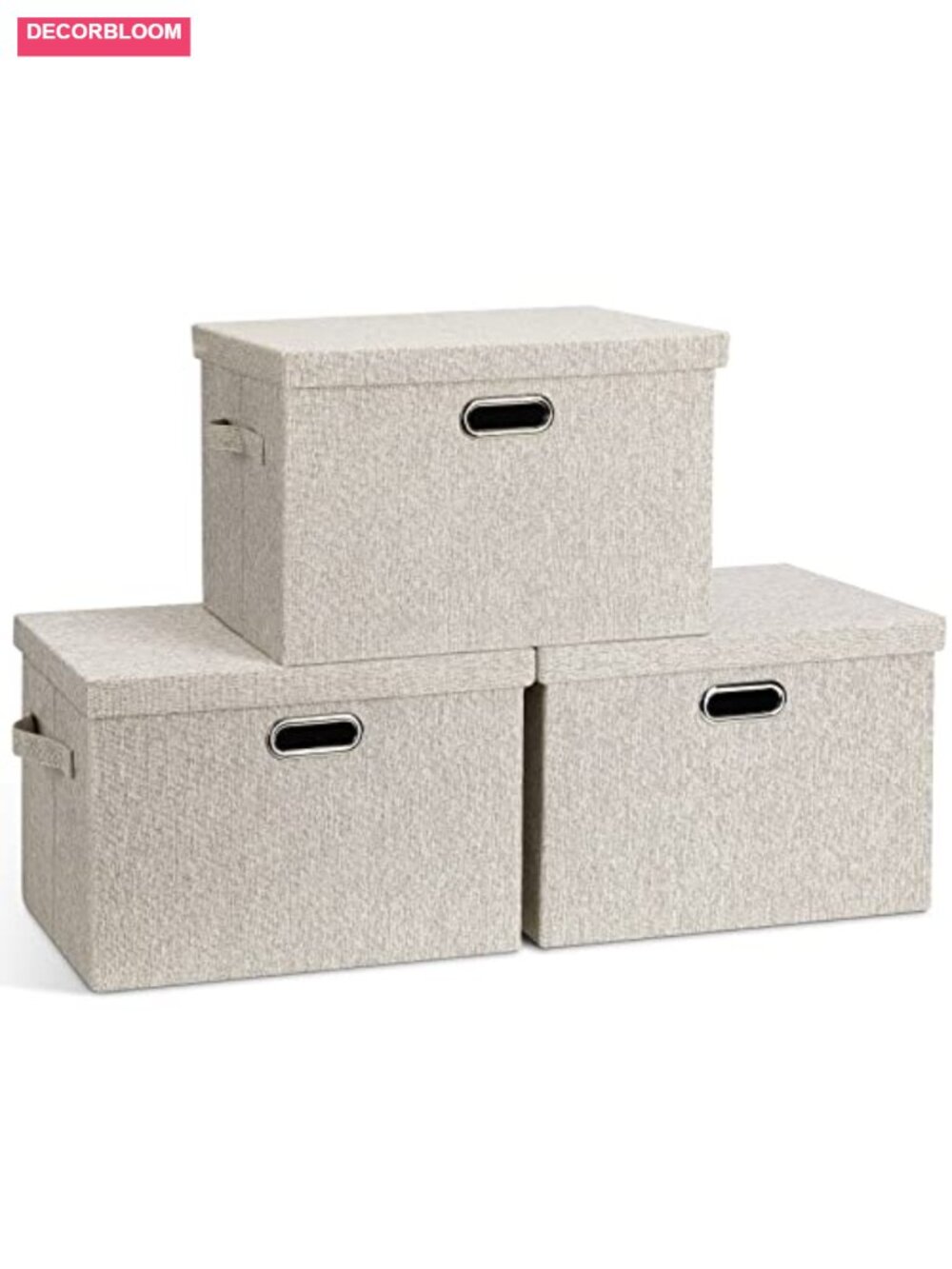 Large Collapsible Stackable Storage Bins with Lids, 3 Pack Linen Fabric